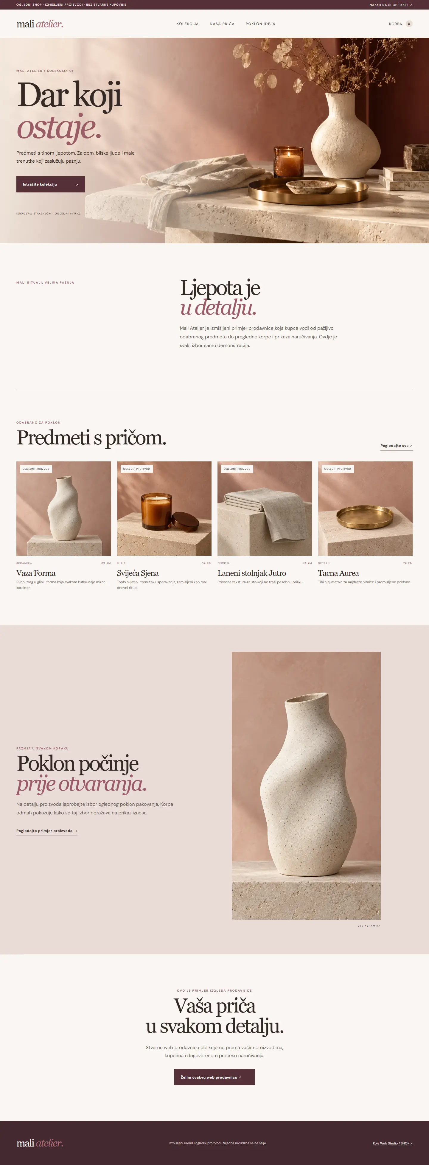 Mali Atelier — snimak stvarne početne stranice
