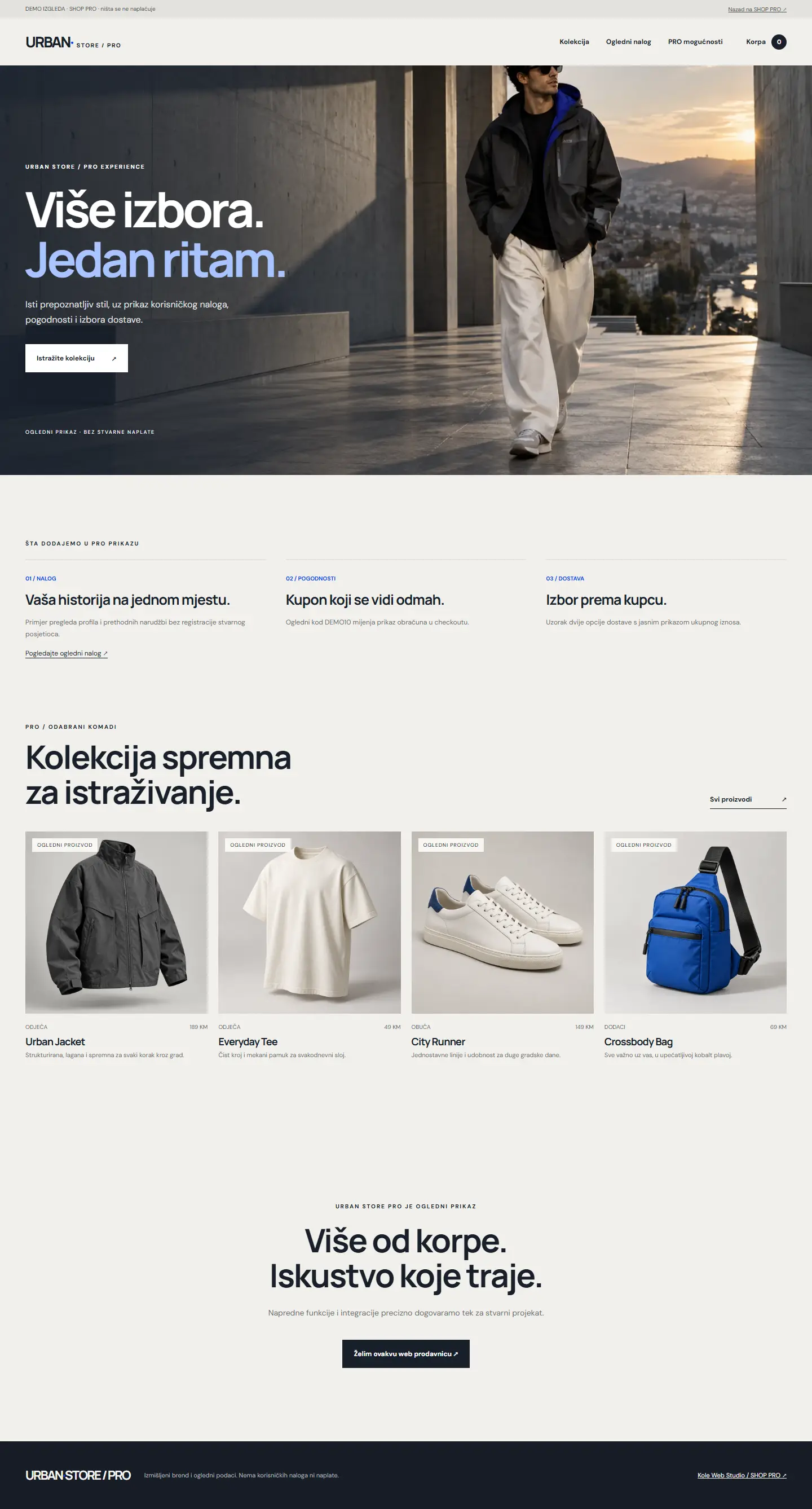 Urban Store — snimak stvarne početne stranice
